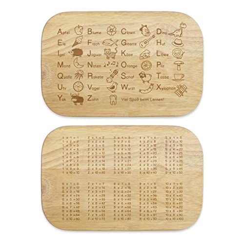 Frühstücksbrettchen 2er Set 1x1 Einmaleins und ABC Alphabet Geschenk zur Einschulung für Schulkinder, Lernspielzeug für täglichen Gebrauch, hochwertiges echtes Holz von KIXY