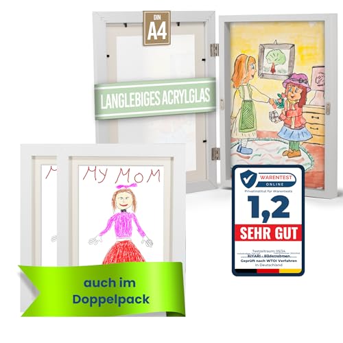 KIYARI Bilderrahmen Kinderzeichnungen A4, 2 Set Weiß Aufklappbar & Frontöffnung, für bis zu 150 Zeichnungen, Robustes Holz & bruchsicheres Glas, Ideal für Kunstprojekte, Kinderzimmer & Schule KIYARI Bilderrahmen Kinderzeichnungen A4, 2 Set Weiß Aufklappbar & Frontöffnung, für bis zu 150 Zeichnungen, Robustes Holz & bruchsicheres Glas, Ideal für Kunstprojekte, Kinderzimmer & Schule von KIYARI