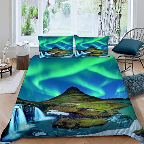 Bettwäsche 200x200 Nordlichter Bettwäsche Reißverschluss Leicht atmungsaktiv Mikrofaser Bettbezug 3D Bettwäsche Set Mikrofaser 3teilig Island Berge Natur Bettwäsche Schlafkomfort Flauschig von KIYAYO