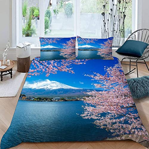 Bettwäsche 135x200 Kirschblüten Bettwäsche Sets Kinder 3D Drucken Mikrofaser 3teilig Mikrofaser Bettbezug Jungen Teenager Blick Auf Den Berg Fuji Japan Kinderbettwäsche 2 Kissenbezügen 80x80 von KIYAYO