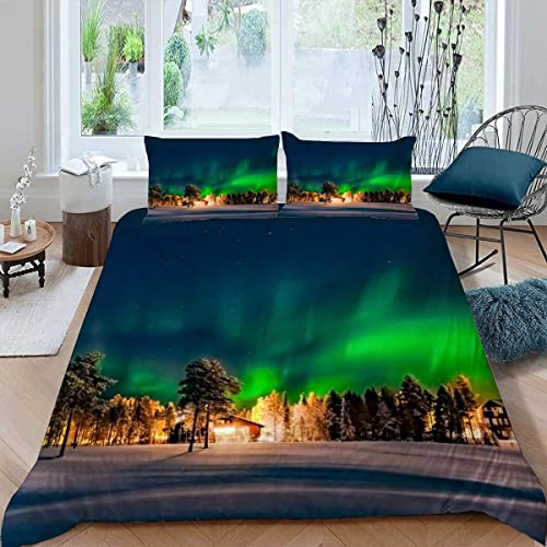 Bettwäsche 135x200 Nordlichter Bettwäsche Sets Kinder 3D Drucken Mikrofaser 3teilig Mikrofaser Bettbezug Jungen Teenager Arktis Winter Natur Kinderbettwäsche 2 Kissenbezügen 80x80 von KIYAYO