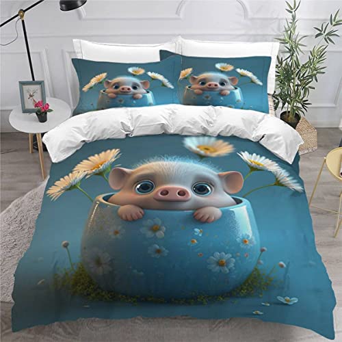 Bettwäsche 135x200 Schweinchen Bettwäsche Sets Kinder 3D Drucken Mikrofaser 3teilig Mikrofaser Bettbezug Jungen Teenager Tier Karikatur Kawaii Kinderbettwäsche 2 Kissenbezügen 80x80 von KIYAYO