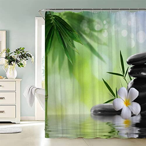 Duschvorhang 120x180 cm Zen Duschvorhang Polyester Anti Schimmel Waschbar Duschvorhänge Mit 12 Ringe Kiesel Bambus Frangipani Shower Curtains Für Badezimmer Badewanne von KIYAYO