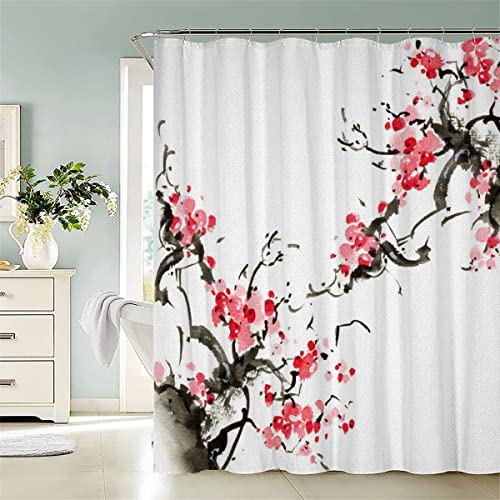 Duschvorhang 180x200 cm Japan Landschaftsmalerei Duschvorhang Anti-schimmel 3D Motiv Sakura Blumen Bad-duschvorhang Jugendstil Duschvorhänge Für Badezimmer Mit 12 Ringe von KIYAYO