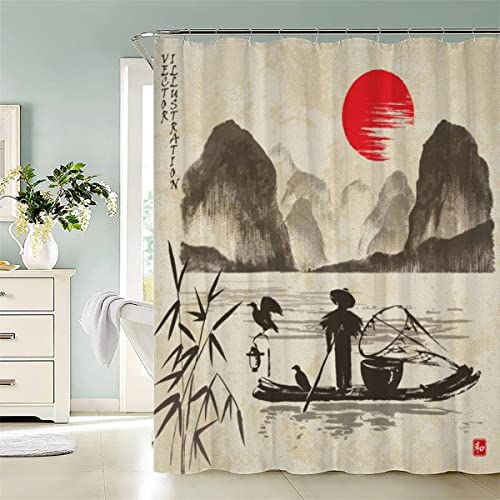 Duschvorhang 180x200 cm Japan Landschaftsmalerei Duschvorhang Anti-schimmel 3D Motiv See Sonnenuntergang Bad-duschvorhang Jugendstil Duschvorhänge Für Badezimmer Mit 12 Ringe von KIYAYO