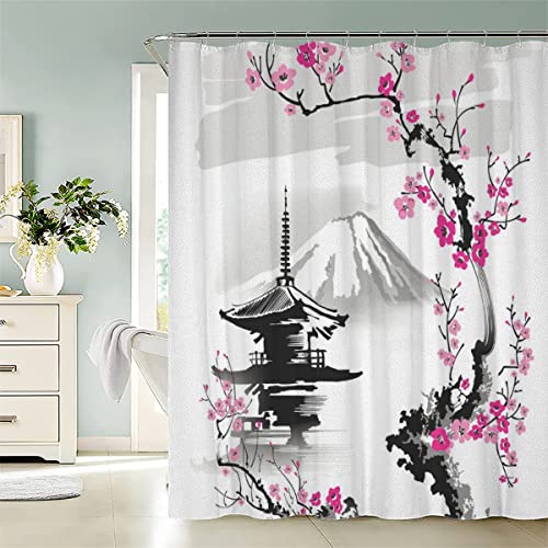 KIYAYO Duschvorhang 240x200 Lang Duschvorhang Japan Landschaftsmalerei Sakura Blumen Shower Curtains Waschbar Anti-bakteriell Badezimmervorhang Polyester Badewanne Vorhang Mit 12 Duschvorhangringen von KIYAYO