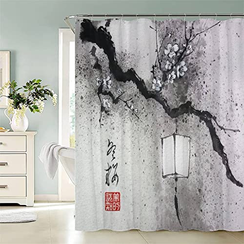 Japan Landschaftsmalerei Duschvorhang 120x180 cm Anti Schimmel Duschvorhang Kirschblüten Tuschemalerei Modernes Waschbar Duschvorhänge Mit 12 Ringe Shower Curtains Für Badezimmer Badewanne von KIYAYO