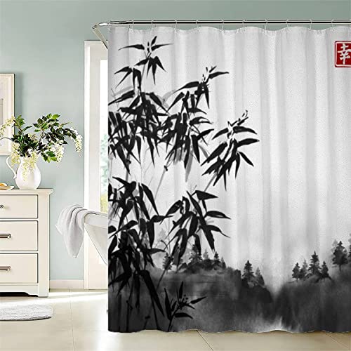 Japan Landschaftsmalerei Duschvorhang 120x180 cm Anti Schimmel Duschvorhang Schwarz Und Weiß Bambus Modernes Waschbar Duschvorhänge Mit 12 Ringe Shower Curtains Für Badezimmer Badewanne von KIYAYO