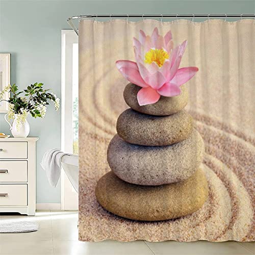 KIYAYO Duschvorhang 200x200 cm Zen Stein Duschvorhang Mit Gewicht Saum Antistatisch Sommer Bad Vorhäng Zen-Steine Lilien Mehrfarbig Badvorhang Wasserdicht Textil Duschvorhänge von KIYAYO