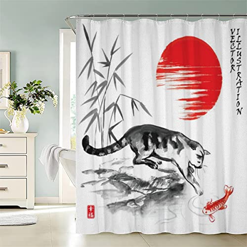 KIYAYO Duschvorhang 240x200 Lang Duschvorhang Japan Landschaftsmalerei Katze Fisch Sonnenuntergang Shower Curtains Waschbar Anti-bakteriell Badezimmervorhang Polyester Badewanne Vorhang von KIYAYO