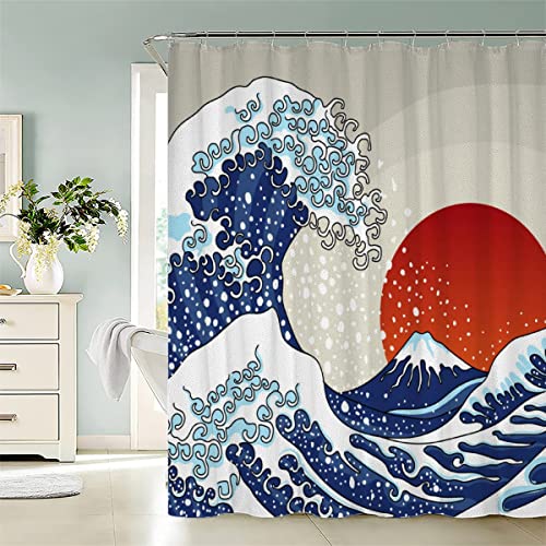 KIYAYO Japanische Welle Duschvorhang 120x180 cm Anti Schimmel Duschvorhang Ukiyo-e Fuji Kanagawa Modernes Waschbar Duschvorhänge Mit 12 Ringe Shower Curtains Für Badezimmer Badewanne von KIYAYO