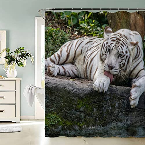 KIYAYO Weißer Tiger Duschvorhang 120x180 cm Anti Schimmel Duschvorhang Wilde Tiere Modernes Waschbar Duschvorhänge Mit 12 Ringe Shower Curtains Für Badezimmer Badewanne von KIYAYO