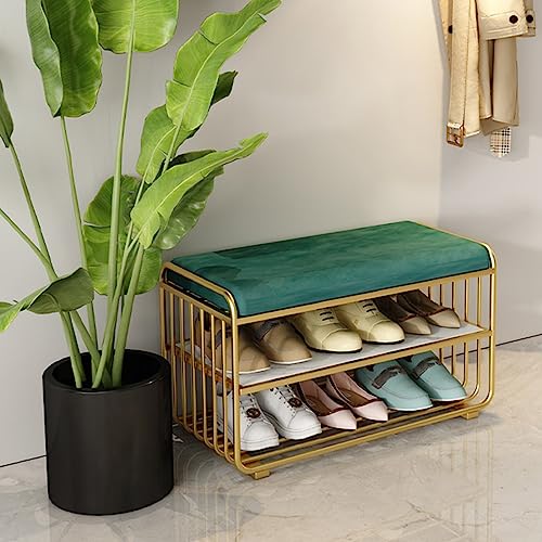 KIYIYDMM Samt-Schuhbank mit 2 Ebenen für den Eingangsbereich, Ottomane mit Schuhregal, Metallrahmen, Moderne, Bequeme Bettbank für Wohnzimmer, Flur, Schlafzimmer (60 x 35 cm, Grün + Gold) von KIYIYDMM