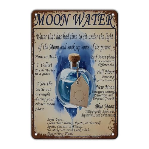 KIYOYO Hexerei Wissen Metall-Blechschild Vintage Mond Wasser Wanddekoration Mondphasen Hexe Hexerei Poster Schild Lustiges Retro-Schild Restaurant Zuhause Wanddekoration Eisenschilder 30,5 x 20,3 cm von KIYOYO