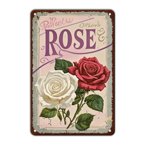 KIYOYO Retro Metall-Blechschild Garten Blume Metall Blechschild Schöne Rose Bauernhaus Schild Landhof Küche Wand Haus Garten Dekor Kunst Schilder Garage Dekoration 20,3 x 30,5 cm von KIYOYO