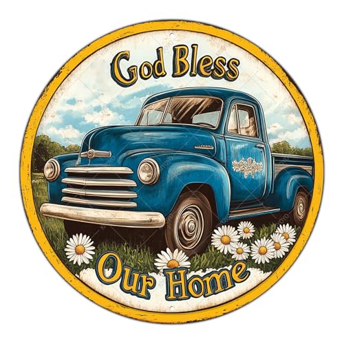 KIYOYO Rundes Metall-Blechschild, rustikale Wanddekoration, Schild mit Aufschrift "God Bless our Home" Spring Daisy Blue Truck Wreath Sign Suitable for Home Garden Kitchen Bar Cafe Garage 30,5 x 30,5 KIYOYO Rundes Metall-Blechschild, rustikale Wanddekoration, Schild mit Aufschrift "God Bless our Home" Spring Daisy Blue Truck Wreath Sign Suitable for Home Garden Kitchen Bar Cafe Garage 30,5 x 30,5 von KIYOYO