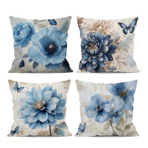 Blumen Schmetterlinge Leinen Kissenbezug 45x45 cm 4er Set Blau Braun Kissenbezug Outdoor Wasserdicht Kissenhülle Modern Kissenbezüge Quadratisch Saisonnal Zierkissenbezug für Wohnzimmer Couch Balkon Blumen Schmetterlinge Leinen Kissenbezug 45x45 cm 4er Set Blau Braun Kissenbezug Outdoor Wasserdicht Kissenhülle Modern Kissenbezüge Quadratisch Saisonnal Zierkissenbezug für Wohnzimmer Couch Balkon von KIZIFI