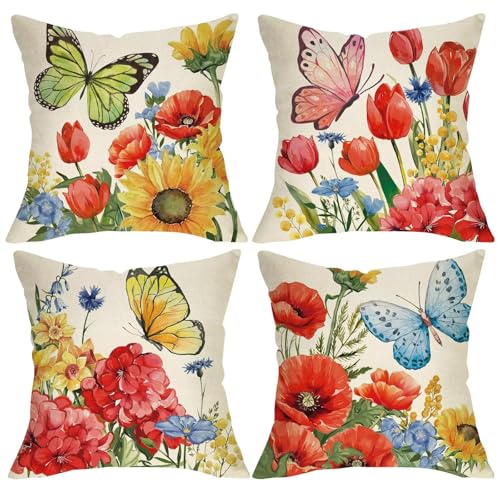 KIZIFI 4er Set Outdoor Kissenbezüge 35x35 cm Schmetterling Blumen Outdoor Wasserdicht Kissenhülle Gelb Rot Leinen Kissenbezug Zweiseitiges Muster Zierkissenbezug für Sofa Garten Wohnzimmer Bett KIZIFI 4er Set Outdoor Kissenbezüge 35x35 cm Schmetterling Blumen Outdoor Wasserdicht Kissenhülle Gelb Rot Leinen Kissenbezug Zweiseitiges Muster Zierkissenbezug für Sofa Garten Wohnzimmer Bett von KIZIFI