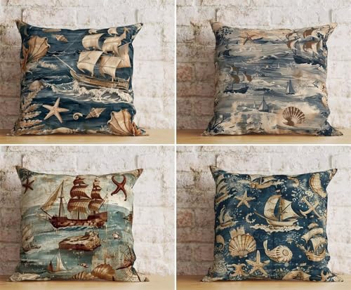 KIZIFI 4er Set Outdoor Kissenbezüge 45x45 cm Segelboot Outdoor Wasserdicht Kissenhülle Braun Blau Leinen Kissenbezug Zweiseitiges Muster Zierkissenbezug für Sofa Garten Wohnzimmer Bett KIZIFI 4er Set Outdoor Kissenbezüge 45x45 cm Segelboot Outdoor Wasserdicht Kissenhülle Braun Blau Leinen Kissenbezug Zweiseitiges Muster Zierkissenbezug für Sofa Garten Wohnzimmer Bett von KIZIFI