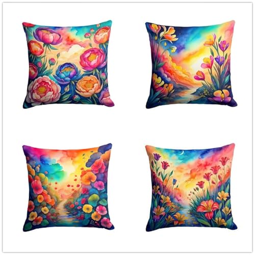 KIZIFI 4er Set Outdoor Kissenbezüge 50x50 cm Blumen Outdoor Wasserdicht Kissenhülle Aquarell Leinen Kissenbezug Zweiseitiges Muster Zierkissenbezug für Sofa Garten Wohnzimmer Bett von KIZIFI