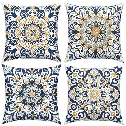KIZIFI 4er Set Outdoor Kissenbezüge 60x60 cm Ethnischer Stil Outdoor Wasserdicht Kissenhülle Gelb Blau Leinen Kissenbezug Zweiseitiges Muster Zierkissenbezug für Sofa Garten Wohnzimmer Bett KIZIFI 4er Set Outdoor Kissenbezüge 60x60 cm Ethnischer Stil Outdoor Wasserdicht Kissenhülle Gelb Blau Leinen Kissenbezug Zweiseitiges Muster Zierkissenbezug für Sofa Garten Wohnzimmer Bett von KIZIFI