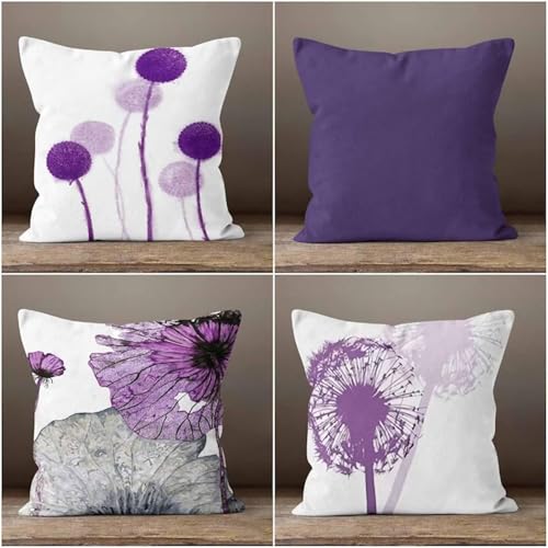KIZIFI 4er Set Outdoor Kissenbezüge 70x70 cm Blumen Outdoor Wasserdicht Kissenhülle Lila Grau Leinen Kissenbezug Zweiseitiges Muster Zierkissenbezug für Sofa Garten Wohnzimmer Bett von KIZIFI