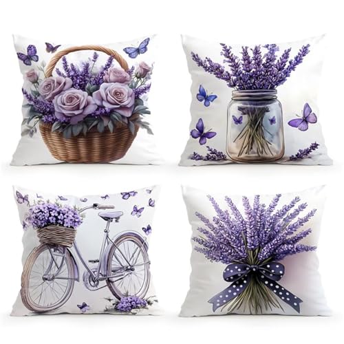 KIZIFI Blumen Leinen Kissenbezug 45x45 cm 4er Set Lila Schmetterlinge Kissenbezug Outdoor Wasserdicht Kissenhülle Modern Kissenbezüge Quadratisch Saisonnal Zierkissenbezug für Wohnzimmer Couch Balkon von KIZIFI