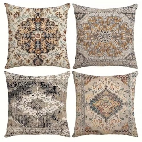 KIZIFI Graubraun Leinen Kissenbezug 40x40 cm 4er Set Ethnischer Stil Kissenbezug Outdoor Wasserdicht Kissenhülle Modern Kissenbezüge Quadratisch Saisonnal Zierkissenbezug für Wohnzimmer Couch Balkon von KIZIFI