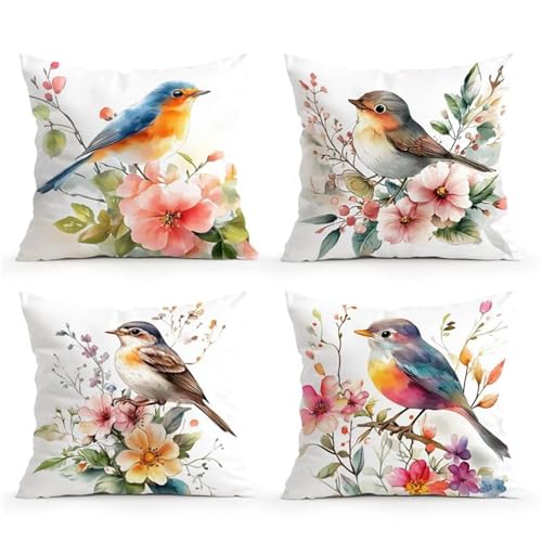 KIZIFI Rosa Blumen Leinen Kissenbezug 70x70 cm 4er Set Blaue Tiere Kissenbezug Outdoor Wasserdicht Kissenhülle Modern Kissenbezüge Quadratisch Saisonnal Zierkissenbezug für Wohnzimmer Couch Balkon von KIZIFI