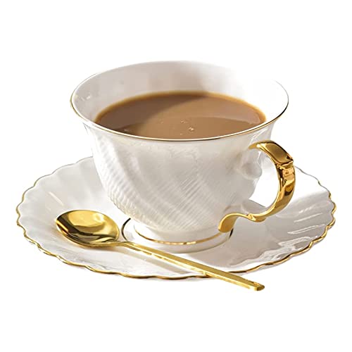 Kaffeebecher Tee- oder Kaffeetassen 8,5 Unzen Bone China Kaffeetassen und Untertassen Set mit Espresso-Löffel Porzellan Cappuccino-Tassen for Latte, Kaffee, Tee, Mokka (weiß) Kaffeetasse/Kaffeepott von KIZQYN