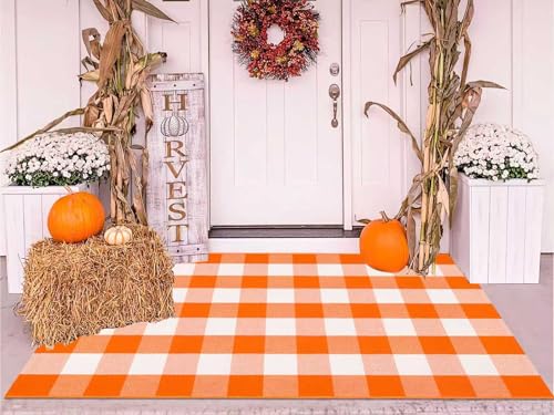 KIhipIoe Buffalo Plaid Outdoor-Teppich, Weihnachtsdekoration, Willkommensvorleger, Baumwolle, handgewebt, mehrlagig, Fußmatten für Veranda, orangefarbener Büffel, 90 x 150 cm KIhipIoe Buffalo Plaid Outdoor-Teppich, Weihnachtsdekoration, Willkommensvorleger, Baumwolle, handgewebt, mehrlagig, Fußmatten für Veranda, orangefarbener Büffel, 90 x 150 cm von KIhipIoe