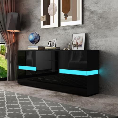 Modernes LED Sideboard Hochglanz Front TV Lowboard Aufbewahrungsschrank mit 2 Türen und 4 Schubladen Küchenschrank für Wohnzimmer Esszimmer Schwarz 177 x 35 x 72cm von KJHALEDQOEWR9