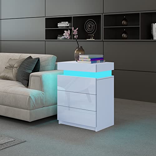 Nachttisch Beistelltisch Weiß Glanz Schlafzimmer Unit Sofa Tisch mit 3 Schubladen 16 Farben LED Beleuchtung Nachtschrank 45 x 35 x 67cm von KJHALEDQOEWR9
