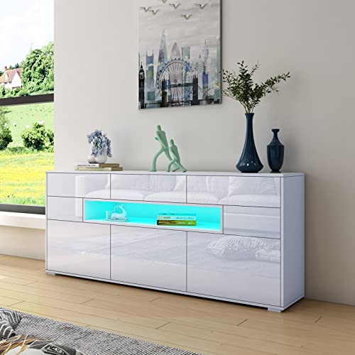 Sideboard Aufbewahrungsschrank Weiß Hochglanz TV Board Küchenschrank mit 3 Türen und 5 Schubladen für Wohnzimmer Esszimmer Wohnmöbel 150 x 35 x 72cm von KJHALEDQOEWR9