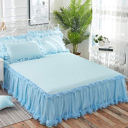 Bettvolant Bettrock Tagesdecke Ruffle Bettüberwurf Spitze Rüschen Bett Rock 3PCS Sets Bettwäsche Prinzessinnen-Stil,Blue-120X200CM von KJHG