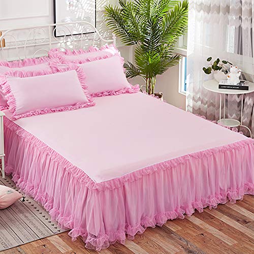 Bettvolant Bettrock Tagesdecke Ruffle Bettüberwurf Spitze Rüschen Bett Rock 3PCS Sets Bettwäsche Prinzessinnen-Stil,Pink-150X200CM von KJHG