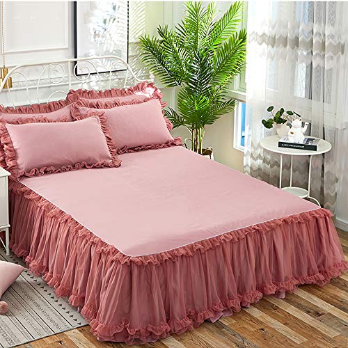 Bettvolant Bettrock Tagesdecke Ruffle Bettüberwurf Spitze Rüschen Bett Rock 3PCS Sets Bettwäsche Prinzessinnen-Stil,Red-150X200CM von KJHG