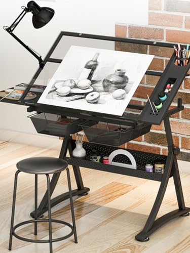 KJHYYPP Zeichentische (Zeichenarbeitsplatz mit Hocker, Künstlerschreibtisch, höhenverstellbar (72,9 cm - 97 cm), 0°-50° neigbare Glasplatte und seitliche MDF-Desktop-Kunst von KJHYYPP