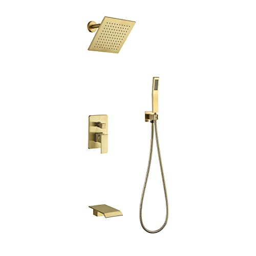 10-Zoll-Duschsystem mit Wasserfall-Wannenauslauf-Wasserhahn-Set komplett, gebürstetes Gold-Regenmischer-Kombi-Set mit Regenduschkopf, Handbrause 10-Zoll-Duschsystem mit Wasserfall-Wannenauslauf-Wasserhahn-Set komplett, gebürstetes Gold-Regenmischer-Kombi-Set mit Regenduschkopf, Handbrause von KJJFIPCXP