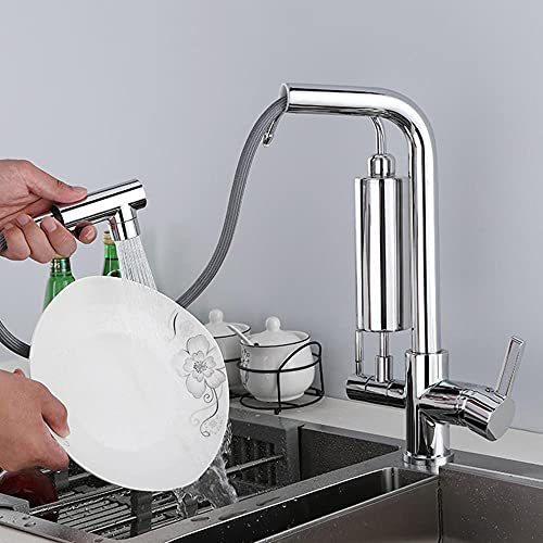 3-Wege-Küchenarmatur mit ausziehbarer Brause 3-in-1-Osmose mit Filter Wasserfilter Rotation Messing-Spülbeckenarmaturen-Chrom(Brushed) von KJJFIPCXP