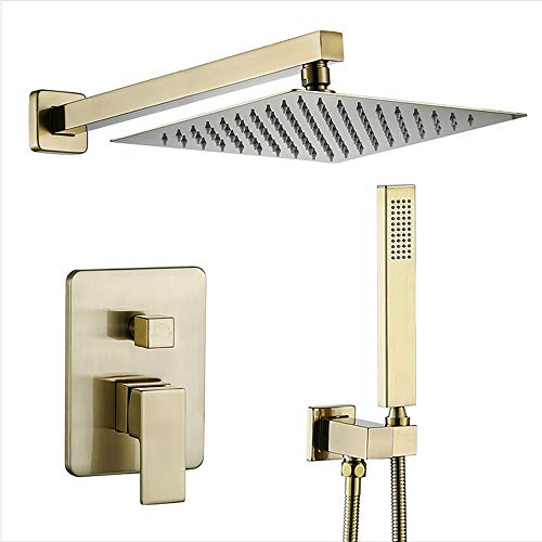 8-Zoll-Duschsystem mit heißem und kaltem Wasser, verdecktes Duschkombinationsset aus gebürstetem Gold, an der Wand montiertes Duscharmatur-Set mit quadratischem Edelstahl-Duschkopf, Handbrause von KJJFIPCXP