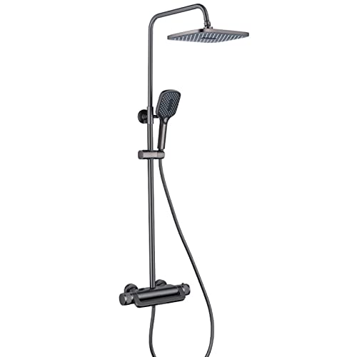 Badezimmer-Außenduscharmaturen, an der Wand montiertes thermostatisches Regenduschsystem mit Regenduschkopf, 3-Funktions-Handbrause und drehbarem Wasserfallauslauf,Chrom(Gun Grey) von KJJFIPCXP