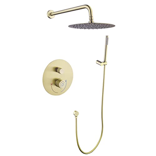 Duschsystem Wandmontiertes Duscharmatur-Set 2 Funktionen Regendusche Combo Set mit 10-Zoll-Regenduschkopfwanne und Duschverkleidungsset mit Handbrause, Duschmischer-Set, Gun Grey(Brushed Gold) von KJJFIPCXP