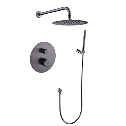 Duschsystem Wandmontiertes Duscharmatur-Set 2 Funktionen Regendusche Combo Set mit 10-Zoll-Regenduschkopfwanne und Duschverkleidungsset mit Handbrause, Duschmischer-Set, Gun Grey(Gun Grey) von KJJFIPCXP