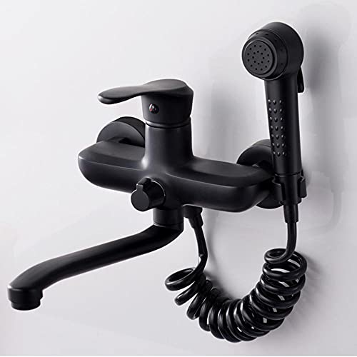 Schwarz Wandmontage Küchenarmatur Messing 360 ° Rotation Umfassende Reinigung Heiß- und Kaltwasser Doppelloch-Küchenarmaturen mit Spritzpistole-25Cm(20CM) von KJJFIPCXP