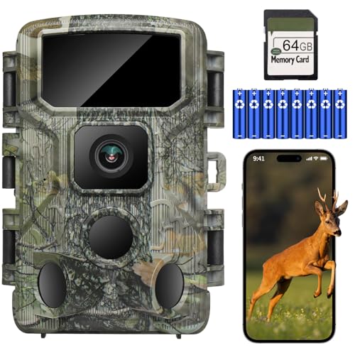 KJK Wildkamera mit Handyübertragung APP, 4K 64MP HD WLAN Bluetooth mit 64GB Speicherkarte, Wildkamera mit Bewegungsmelder Nachtsicht, 0.1s Auslöser, IP67 Wasserdicht, 130° Weitwinkel von KJK