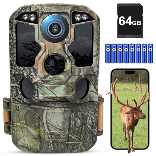 KJK Wildkamera mit Handyübertragung APP, 4K 64MP HD WLAN Bluetooth Wildkamera mit Bewegungsmelder Nachtsicht, 64GB Speicherkarte, 0.1s Auslöser von KJK