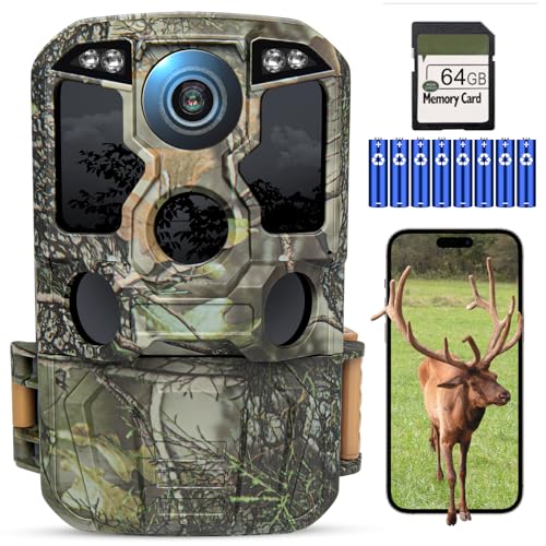 KJK Wildkamera mit Handyübertragung APP, 4K 64MP HD WLAN Bluetooth Wildkamera mit Bewegungsmelder Nachtsicht, 64GB Speicherkarte, 0.1s Auslöser, 130 °Weitwinkel Wildtierkamera, IP67 Wasserdicht von KJK