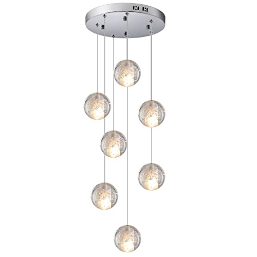 KJLARS Pendelleuchte LED Moderne Glas Kristall Hängeleuchte Höheverstellbar Lüster Dekoratives Kronleuchter für Villa Treppe Wohzimmer Esszimmer Schlafzimmer Pendellampe (7 Bälle Round shape) von KJLARS