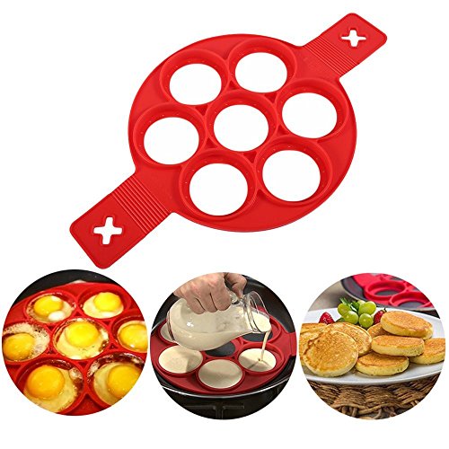 Nonstick Silikon Ei Ring Pfannkuchen Form, Neue verbesserte Silikon auslaufsichere Design, Wiederverwendbare Silikon Non Stick Pfannkuchen Maker (RED) von KJLM